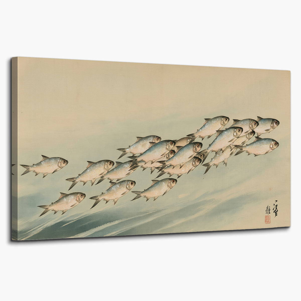 A flowing school of small fish above pale blue water on a cream ground single canvas wall art on a white background