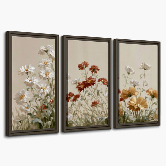 Loose ivory, rust and golden wildflowers on a soft neutral background 3 piece framed canvas wall art on a white background