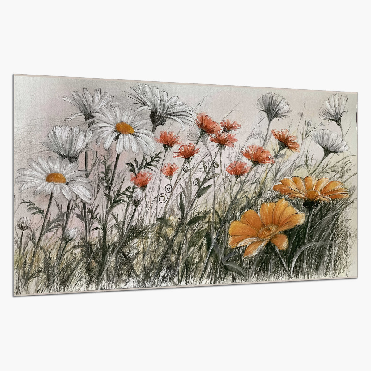 Fine dark stems and white daisies with warm orange accents in a delicate botanical composition single poster print on a white background