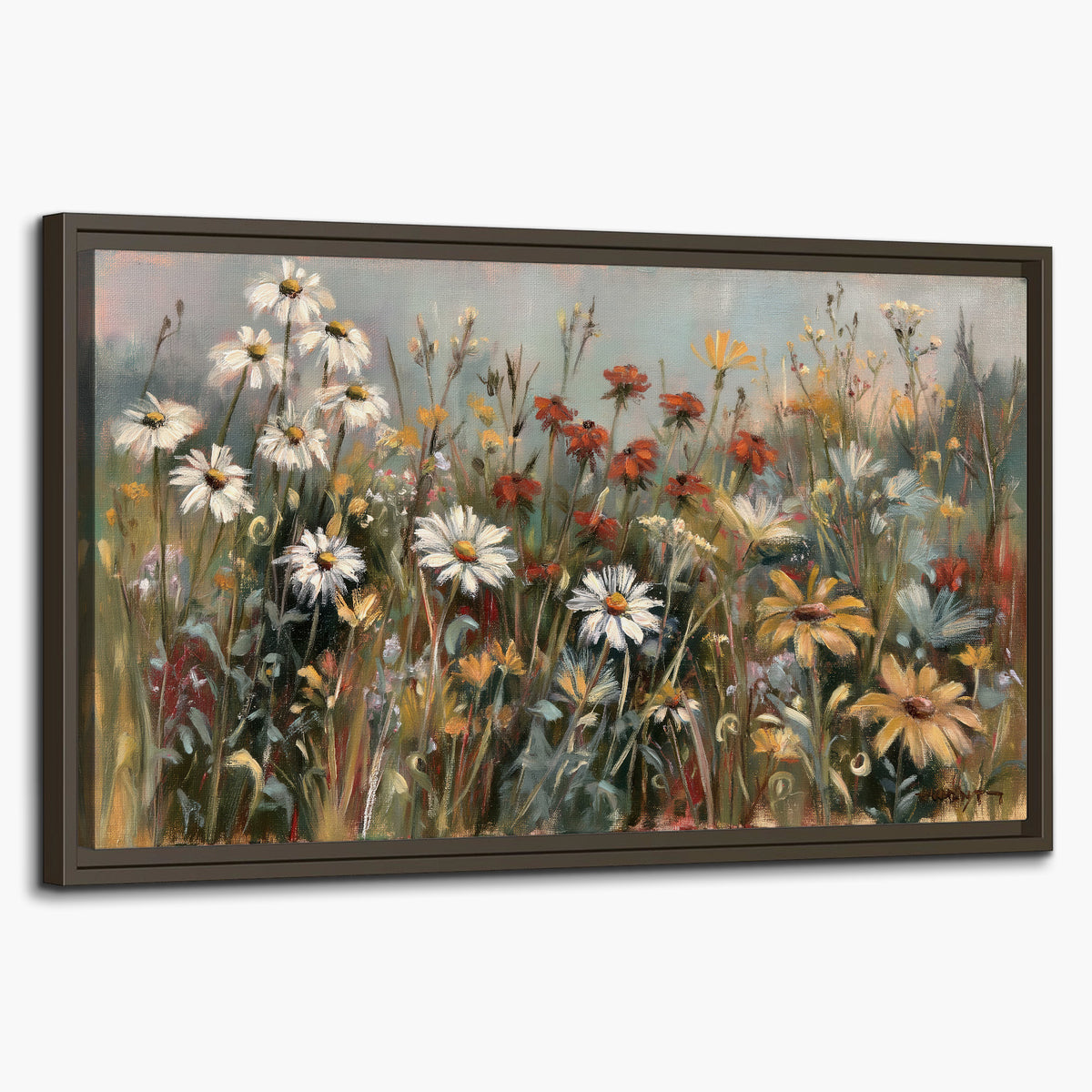 White daisies, rust blooms and long grasses in a softly shadowed meadow single framed canvas wall art on a white background