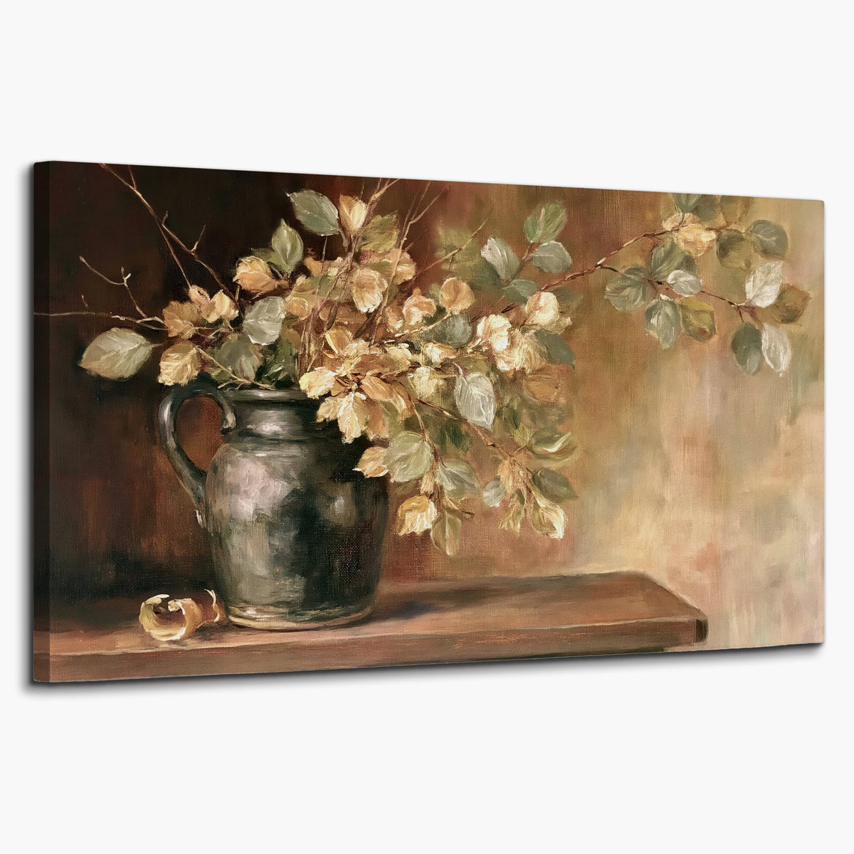 Pale golden blossoms and leaves in a dark green vase on a wooden ledge single canvas wall art on a white background