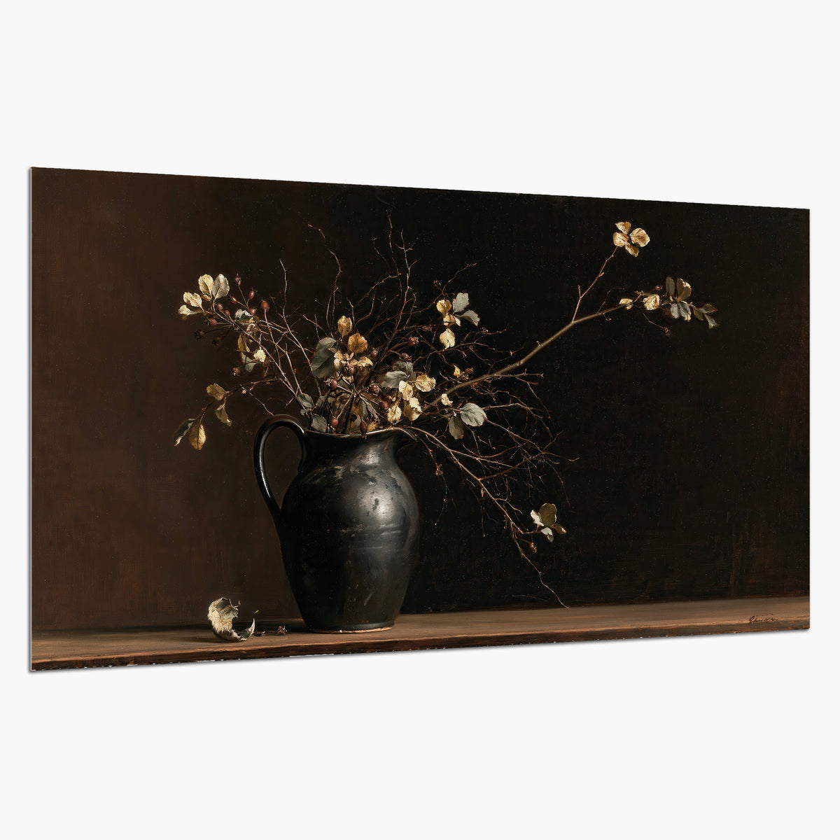 Fine flowering branches in a small dark vase on a wooden table against a deep brown background single poster print on a white background