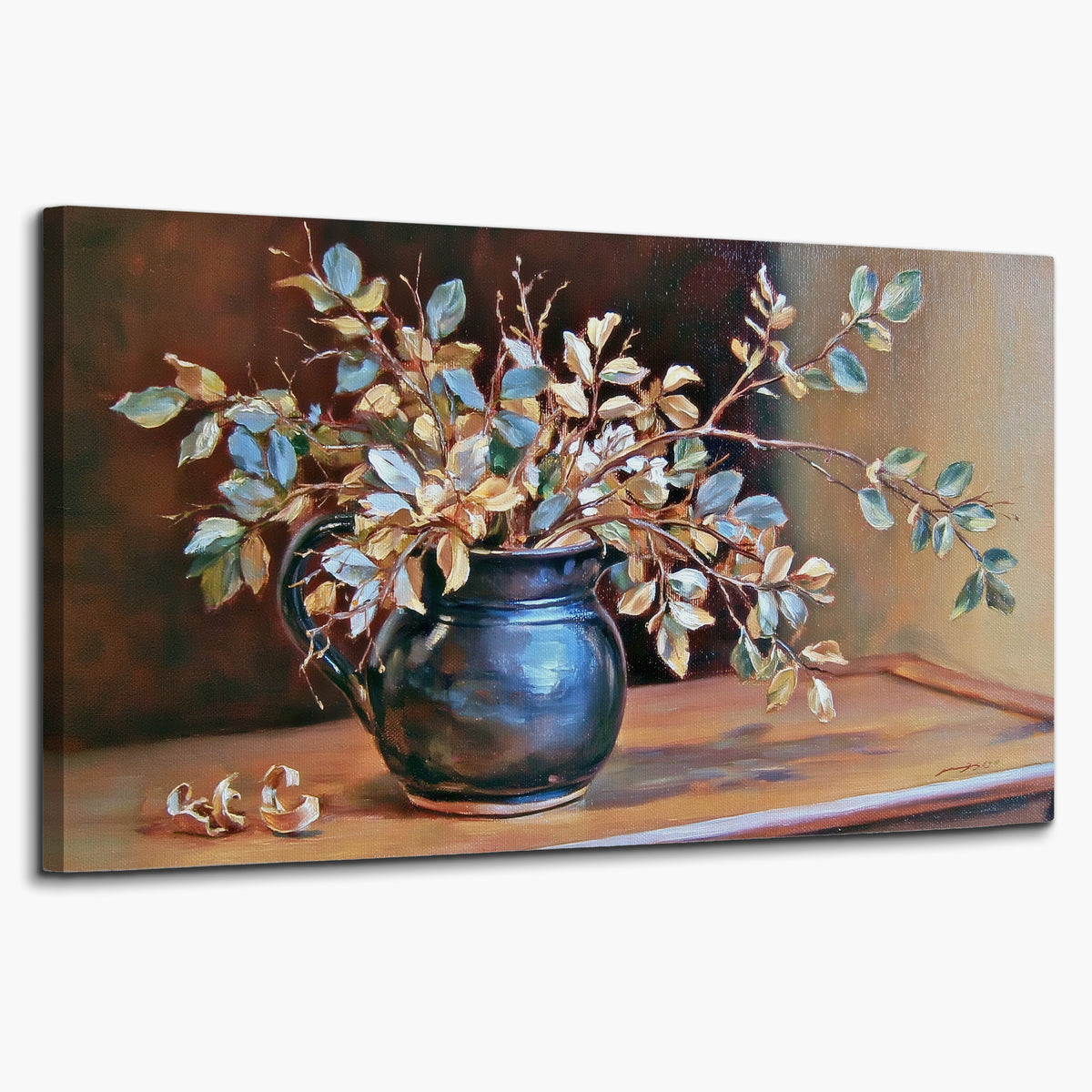 White and peach flowering branches arranged in a blue vase against a warm ochre background single canvas wall art on a white background
