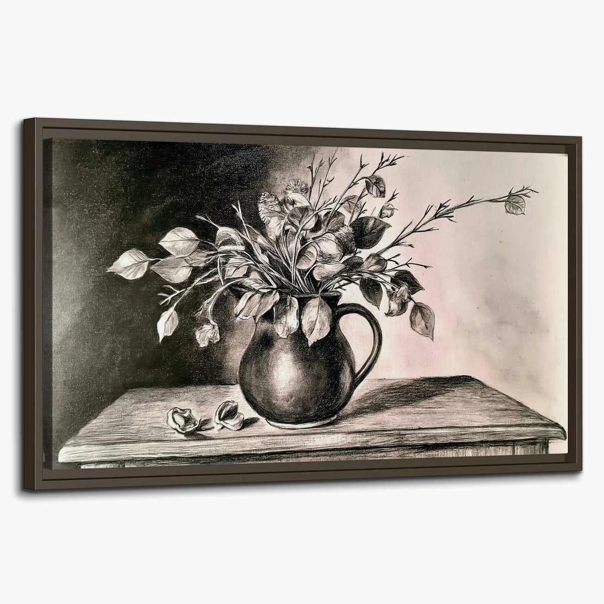 Leafy flowering branches in a rounded pitcher rendered in expressive charcoal-style strokes single framed canvas wall art on a white background