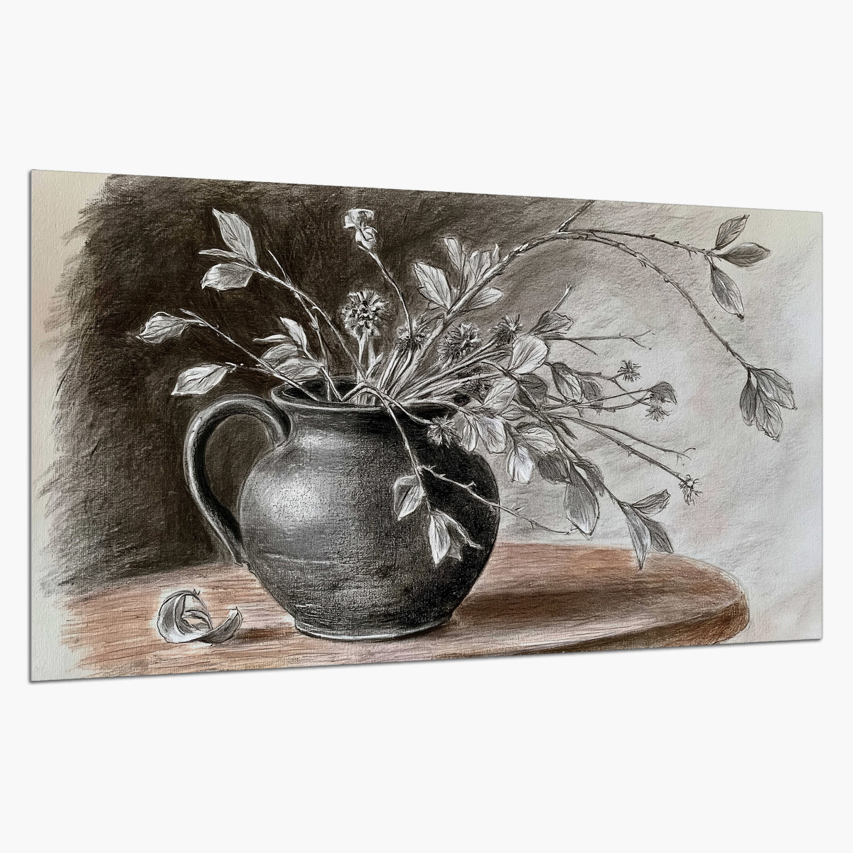 Fine leafy branches spilling from a dark rounded vase in a soft monochrome still life single poster print on a white background