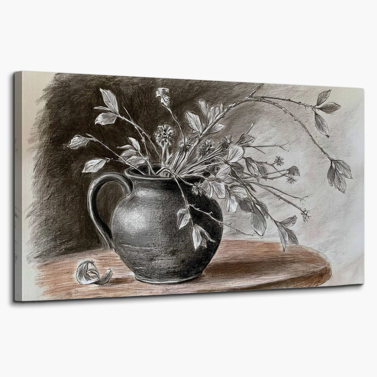 Fine leafy branches spilling from a dark rounded vase in a soft monochrome still life single canvas wall art on a white background