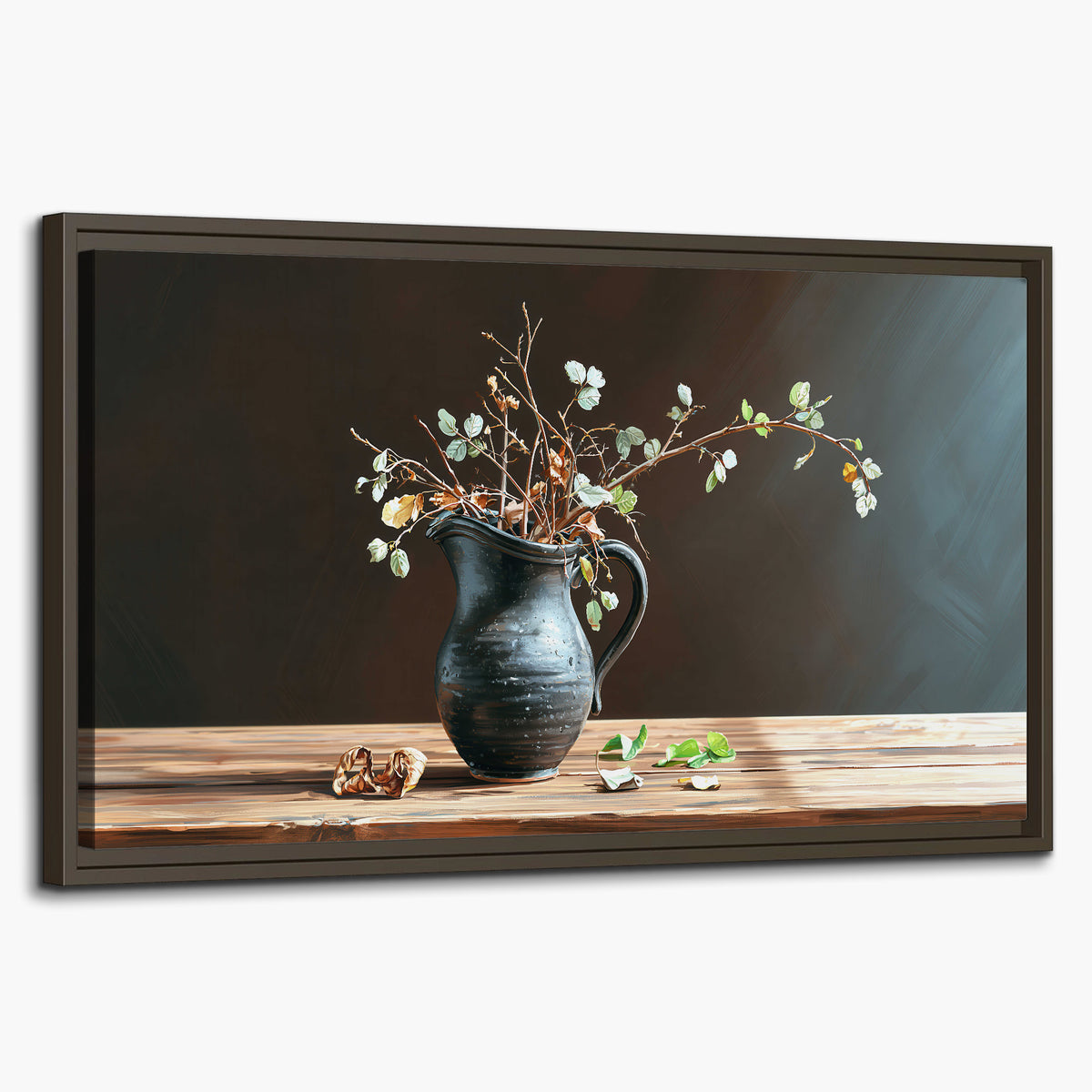 A delicate arrangement of pale blossoms in a blue vase on a sunlit wooden table single framed canvas wall art on a white background