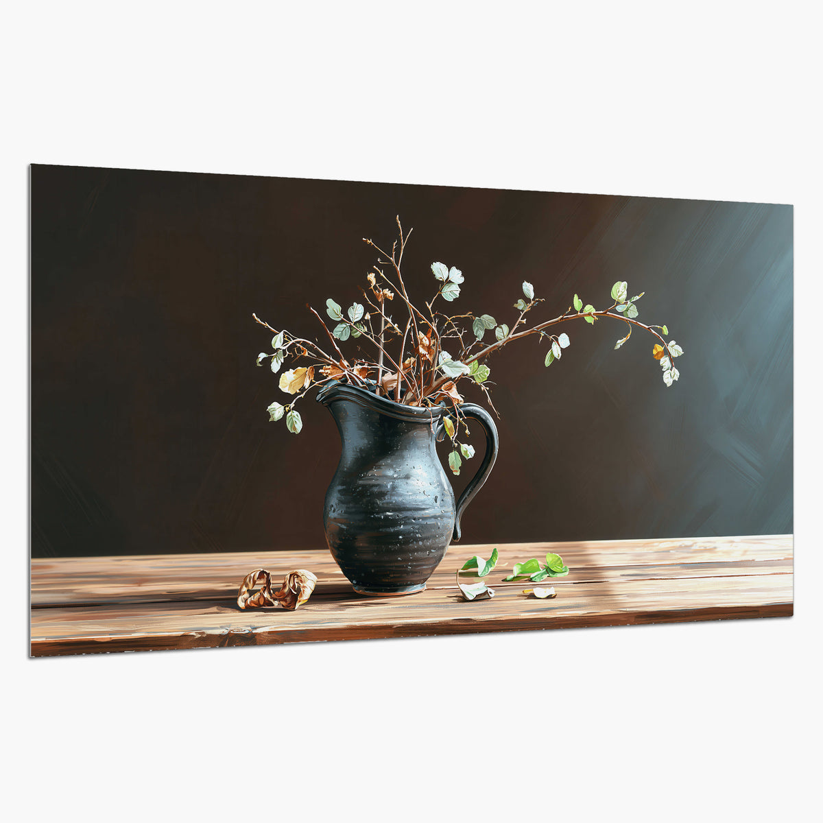 A delicate arrangement of pale blossoms in a blue vase on a sunlit wooden table single poster print on a white background