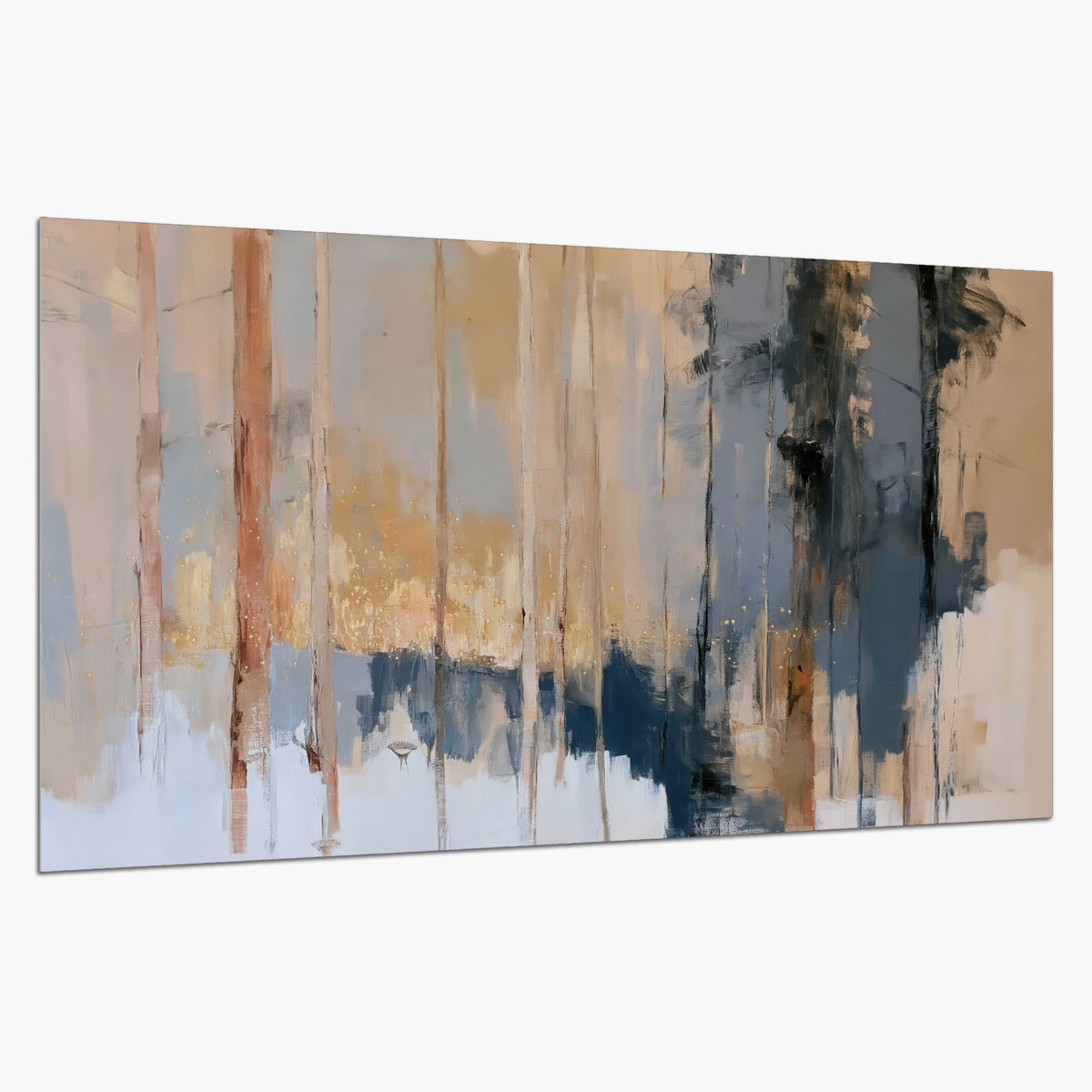 Vertical strokes of cream, blue and ochre suggesting a quiet woodland single poster print on a white background