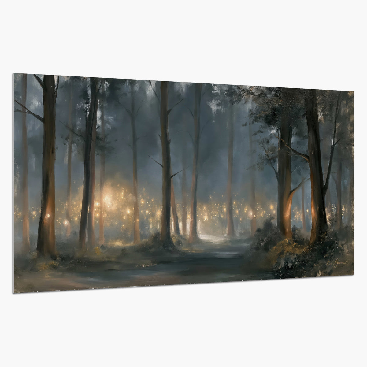 Soft warm light filtering through tall trees in a cool mist-covered forest single poster print on a white background