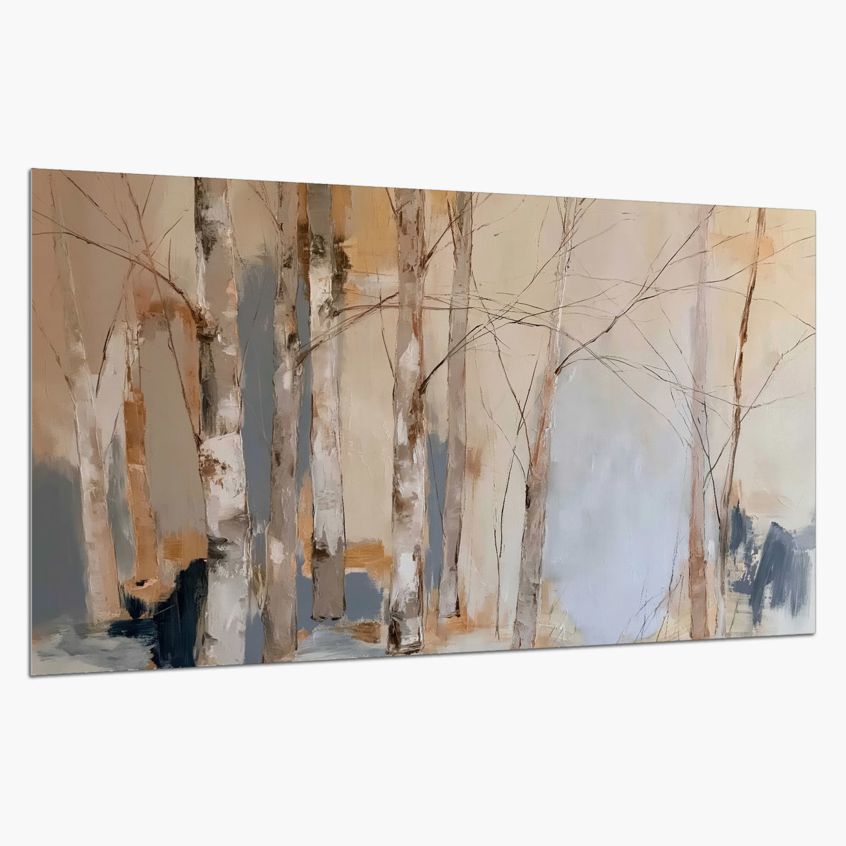 Loose pale blue, peach and cream strokes suggesting a stand of birch trees single poster print on a white background