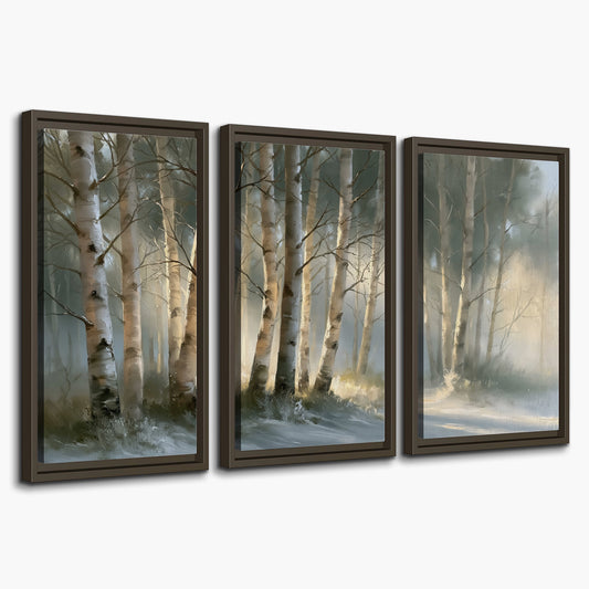 A softly lit woodland path winding between pale birch trunks 3 piece framed canvas wall art on a white background