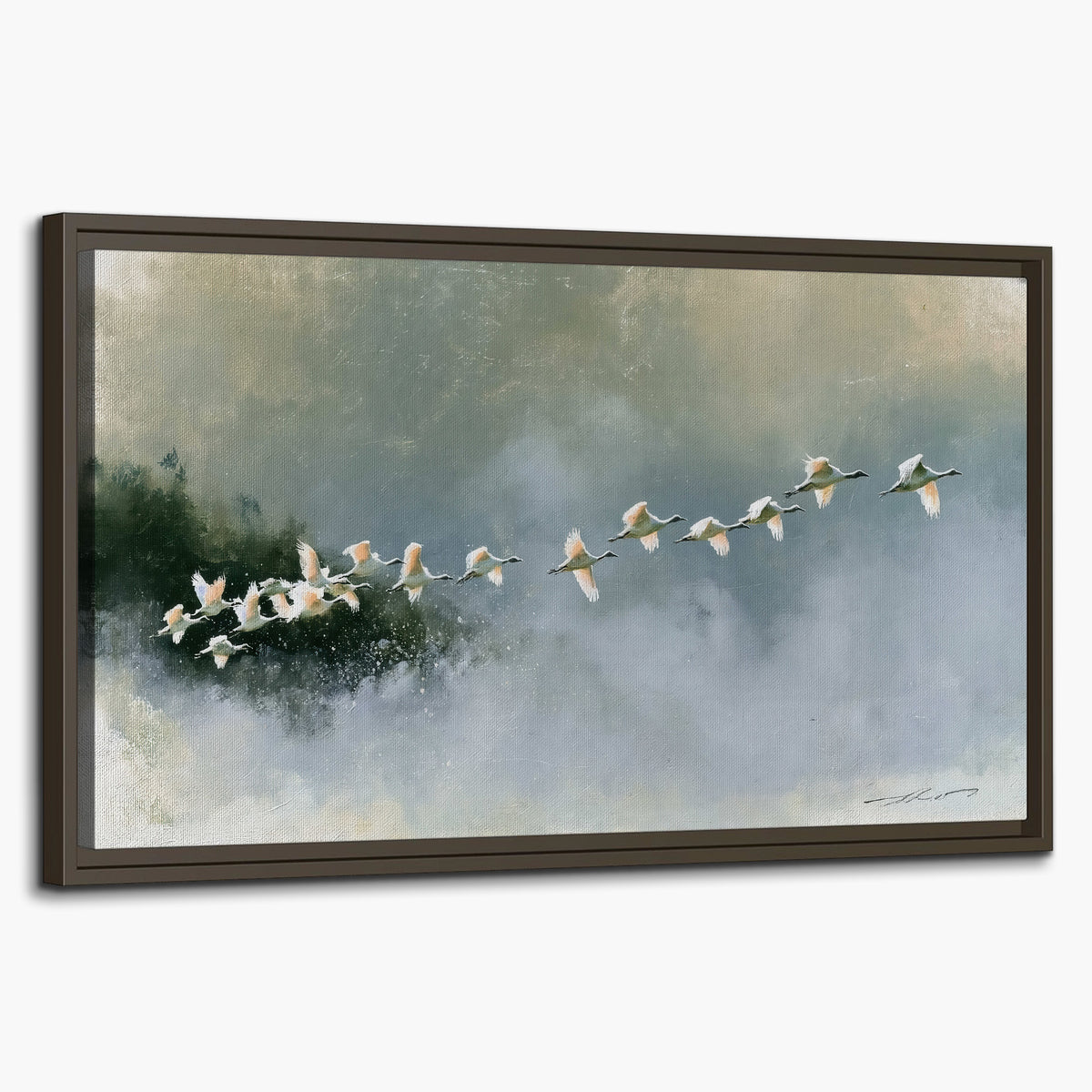 A flock of white birds flying low above a quiet blue-green lake single framed canvas wall art on a white background