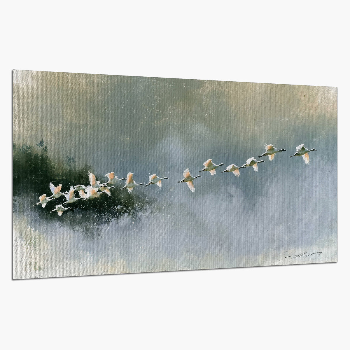 A flock of white birds flying low above a quiet blue-green lake single poster print on a white background