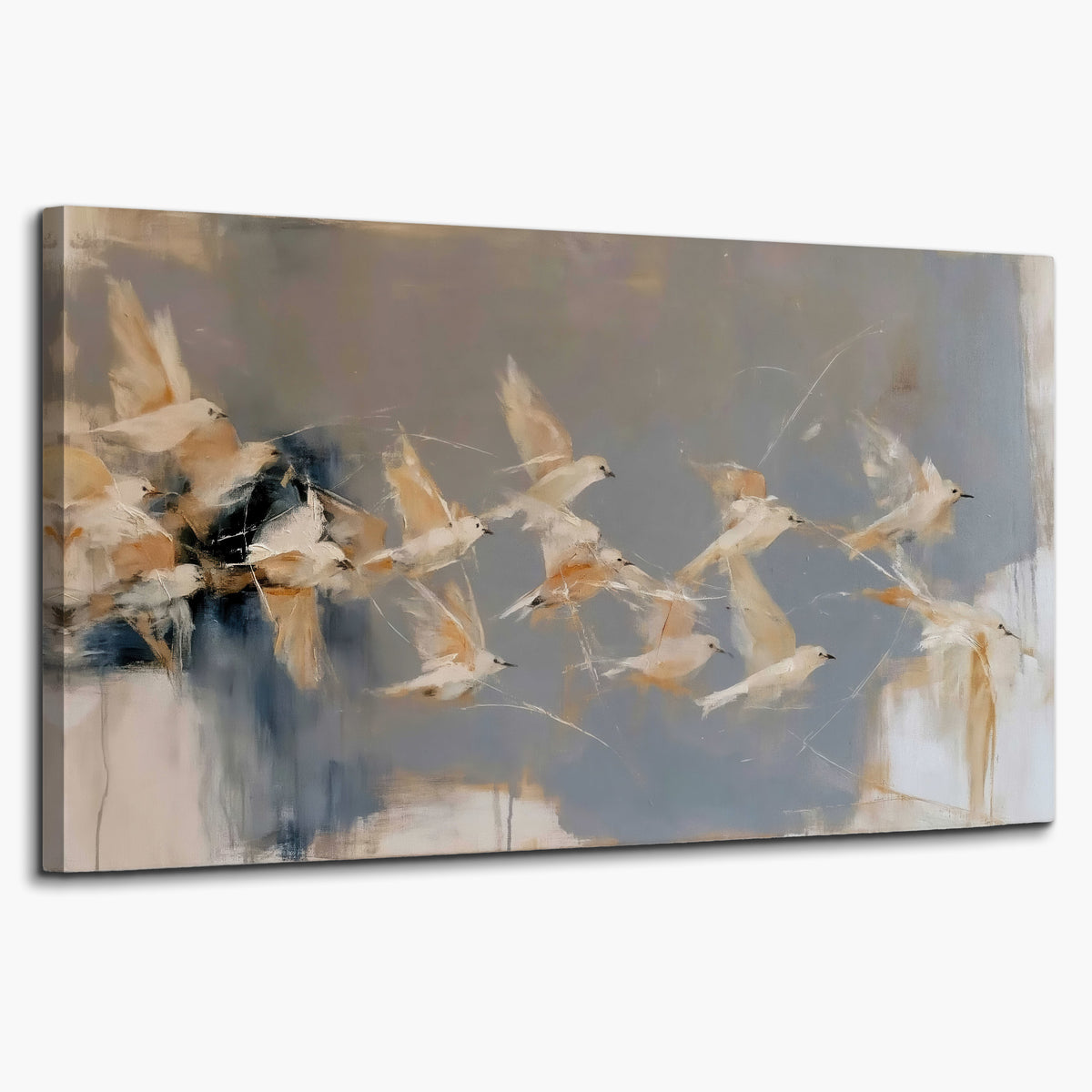 Pale bird-like forms sweeping across layered strokes of blue, ochre and cream single canvas wall art on a white background
