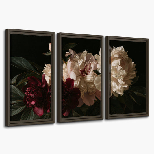Full ivory and deep burgundy peonies against a dark green background 3 piece framed canvas wall art on a white background