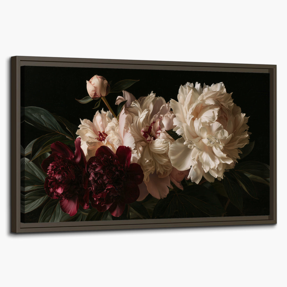 Full ivory and deep burgundy peonies against a dark green background single framed canvas wall art on a white background