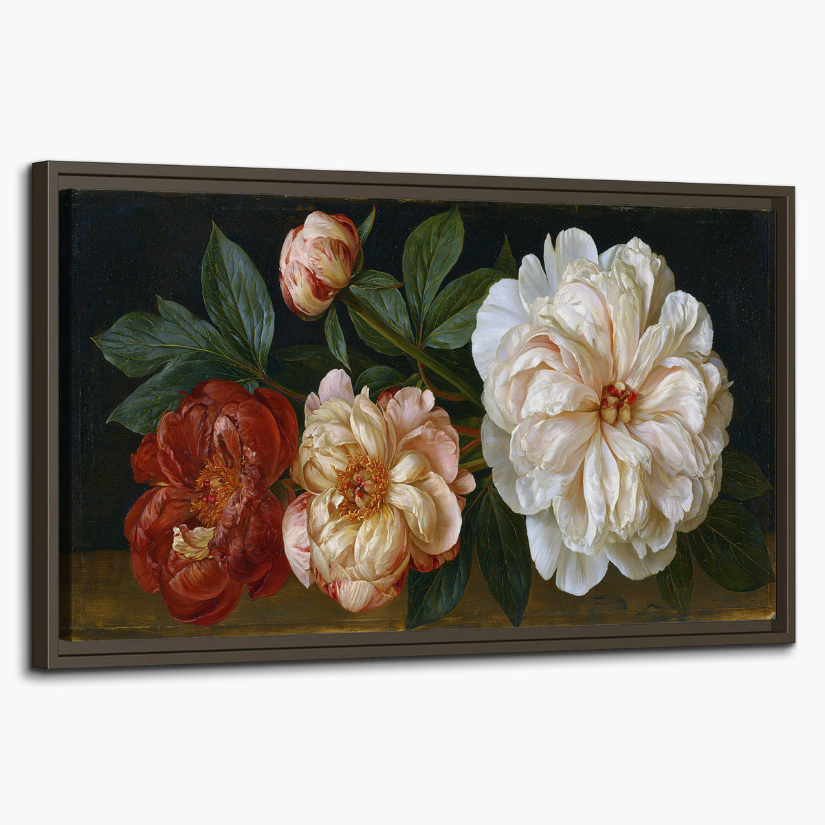 A large pale peony beside small ruby-red and peach flowers on a deep green ground single framed canvas wall art on a white background