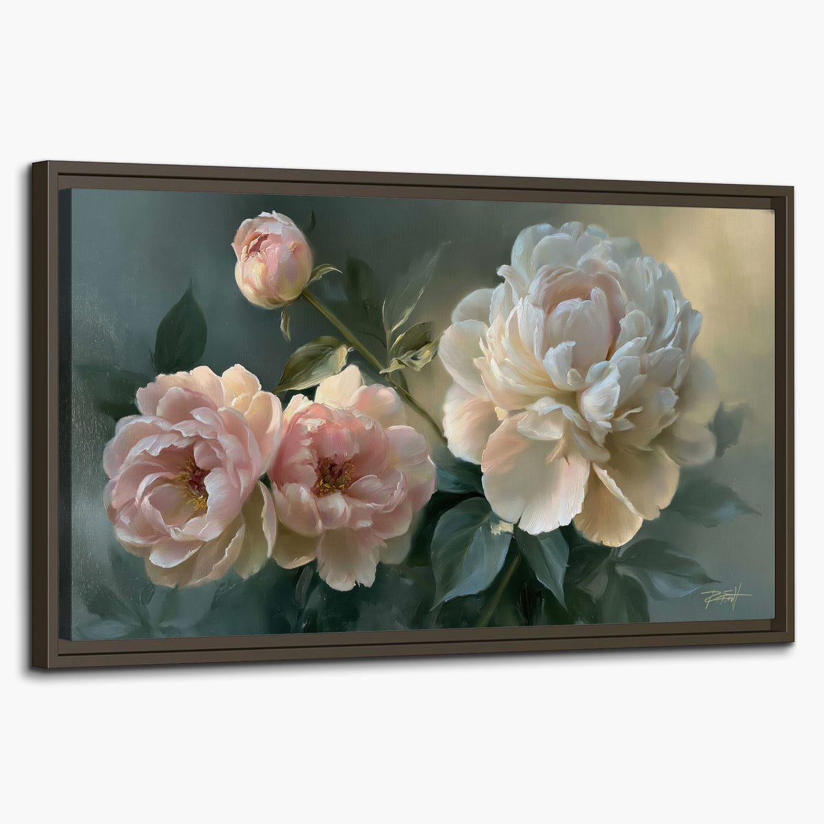 A large cream peony beside blush flowers and broad green leaves single framed canvas wall art on a white background