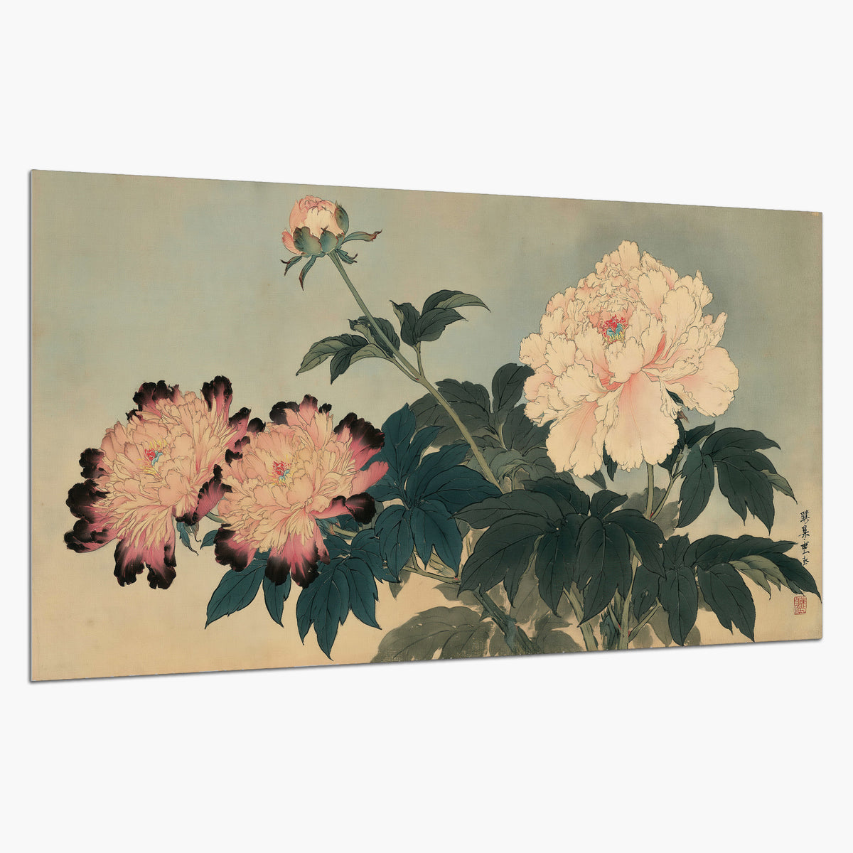 Pink and cream peonies with dark green leaves on a warm beige ground single poster print on a white background