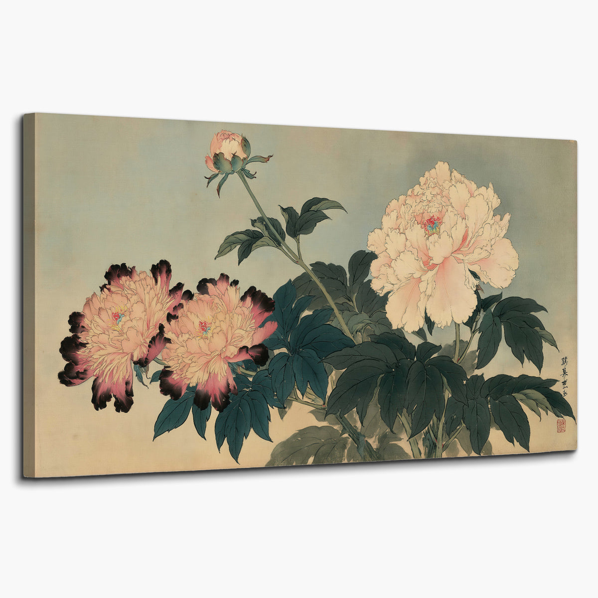 Pink and cream peonies with dark green leaves on a warm beige ground single canvas wall art on a white background