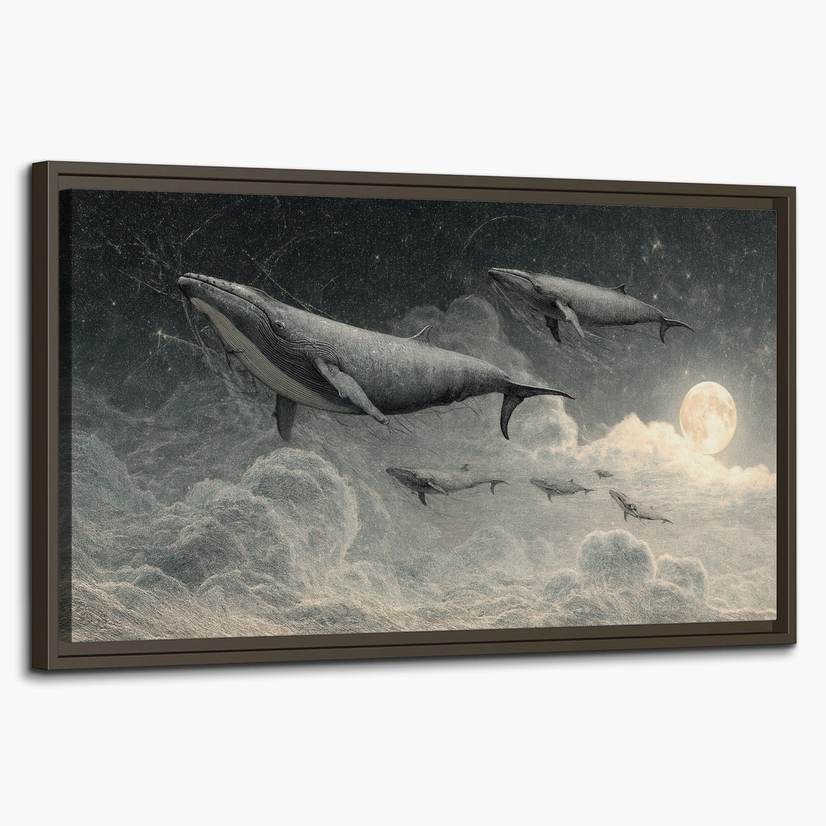 Monochrome whales floating over misty clouds beside a luminous painted moon single framed canvas wall art on a white background