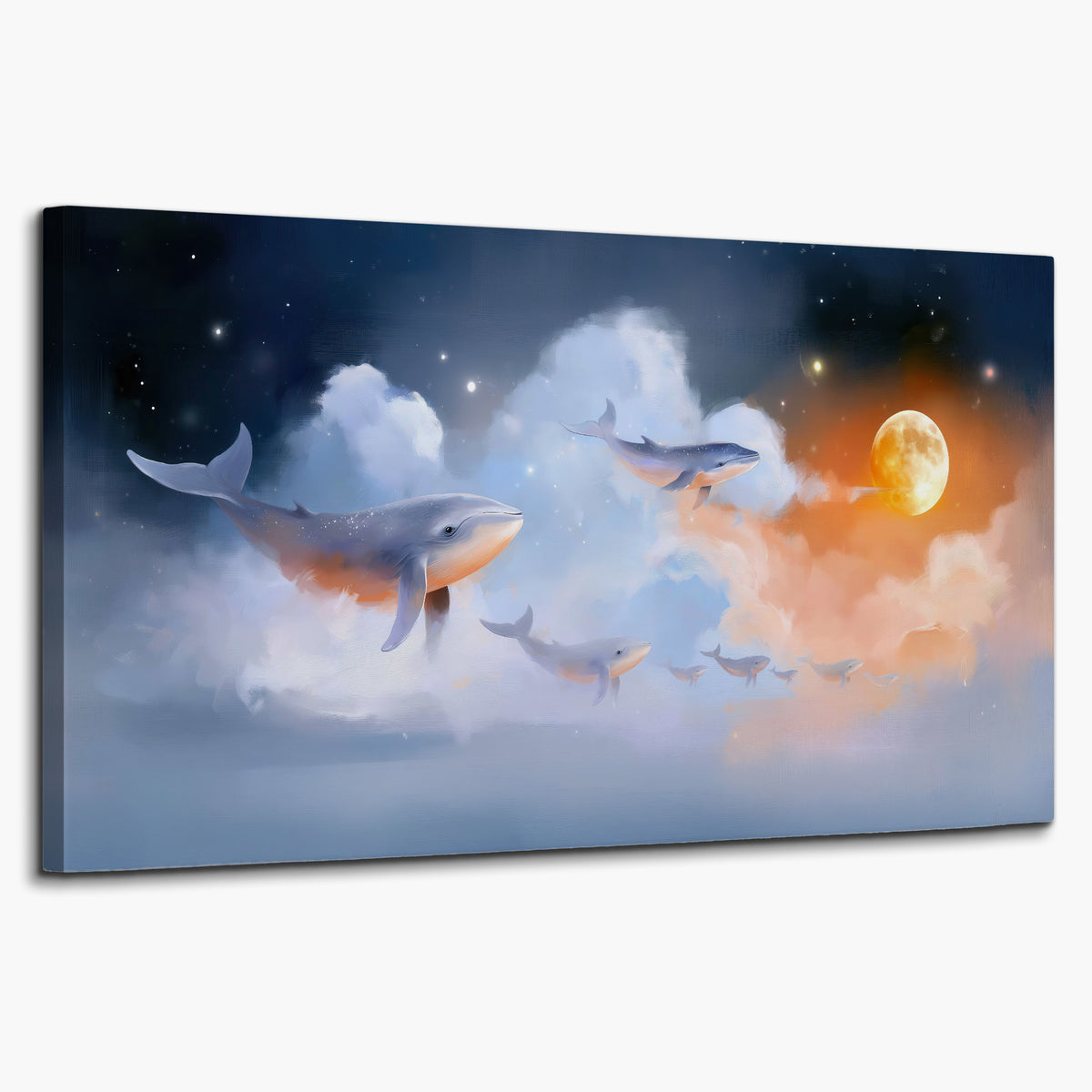 Blue whales gliding through pastel clouds beneath stars and a warm orange moon single canvas wall art on a white background