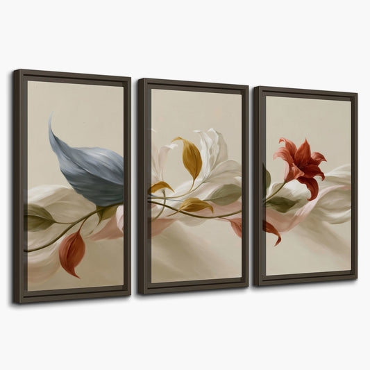 Ivory calla-like flowers and muted red accents curling across a cream background 3 piece framed canvas wall art on a white background