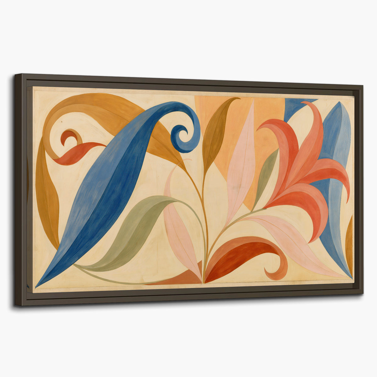 Bold blue, coral and golden leaf-like shapes flowing across a cream ground single framed canvas wall art on a white background
