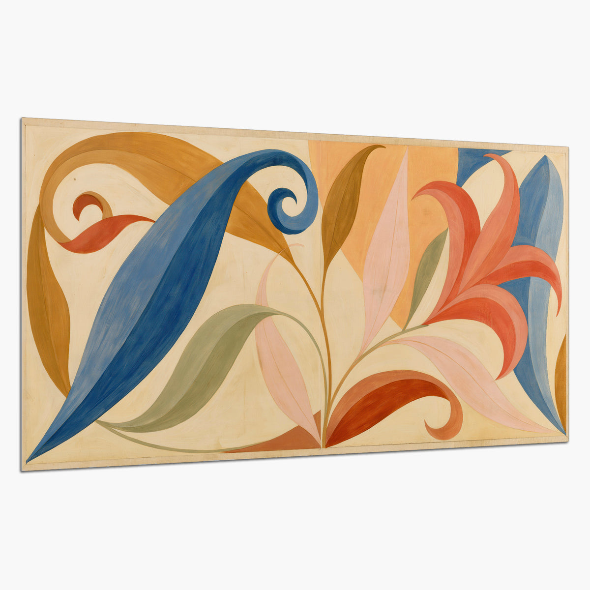 Bold blue, coral and golden leaf-like shapes flowing across a cream ground single poster print on a white background