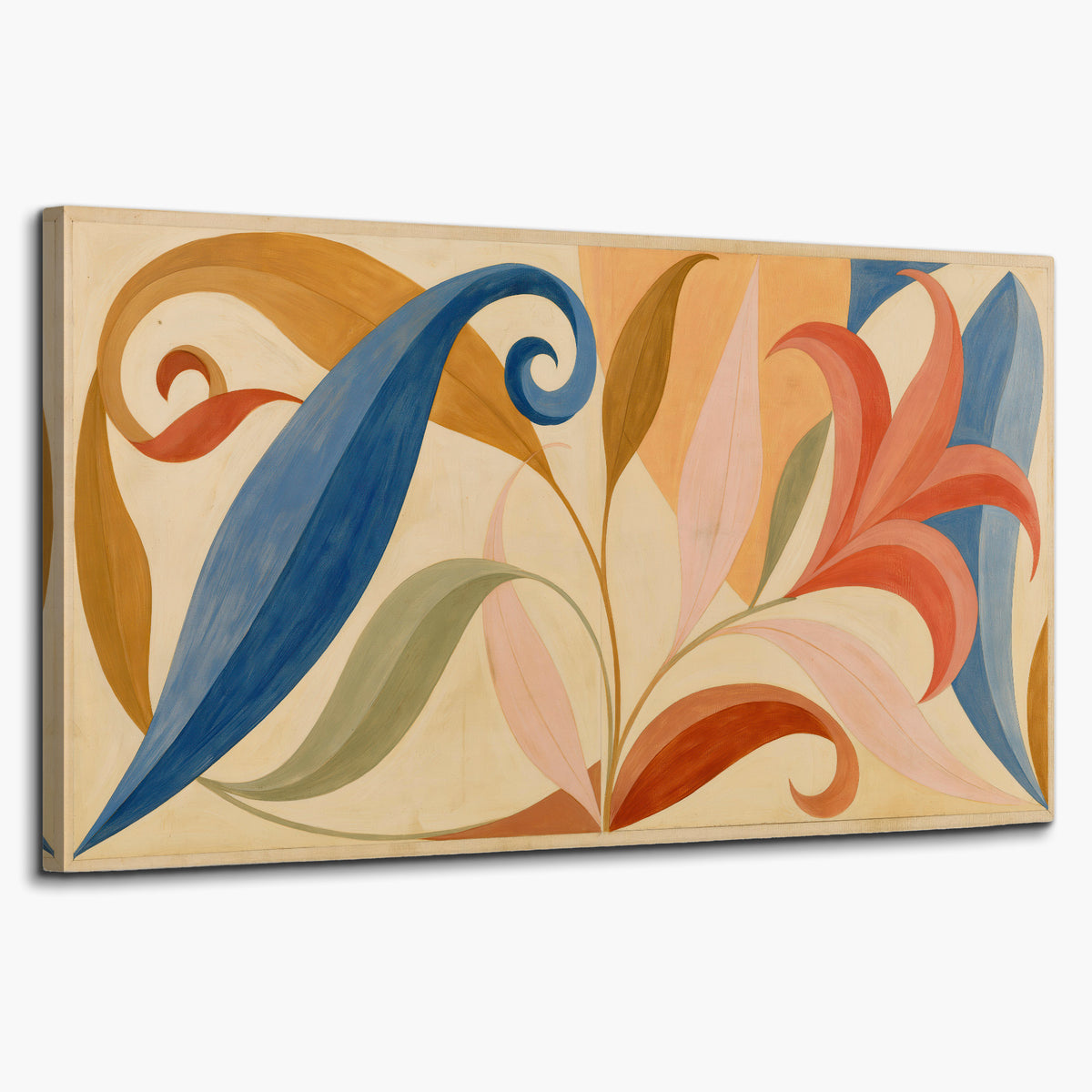 Bold blue, coral and golden leaf-like shapes flowing across a cream ground single canvas wall art on a white background