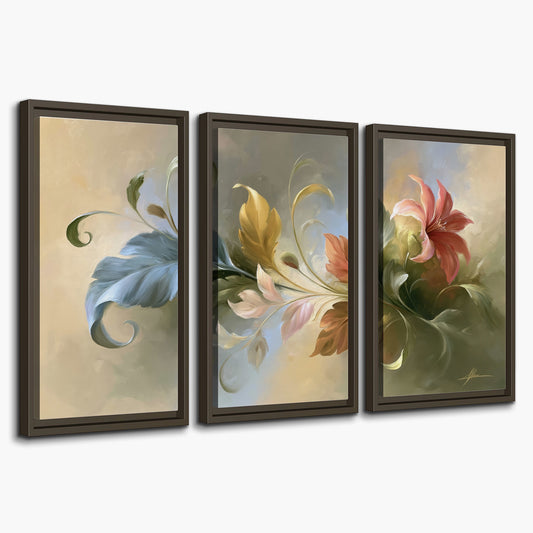 Curving blue, cream and warm red lily-like flowers on a softly shaded background 3 piece framed canvas wall art on a white background
