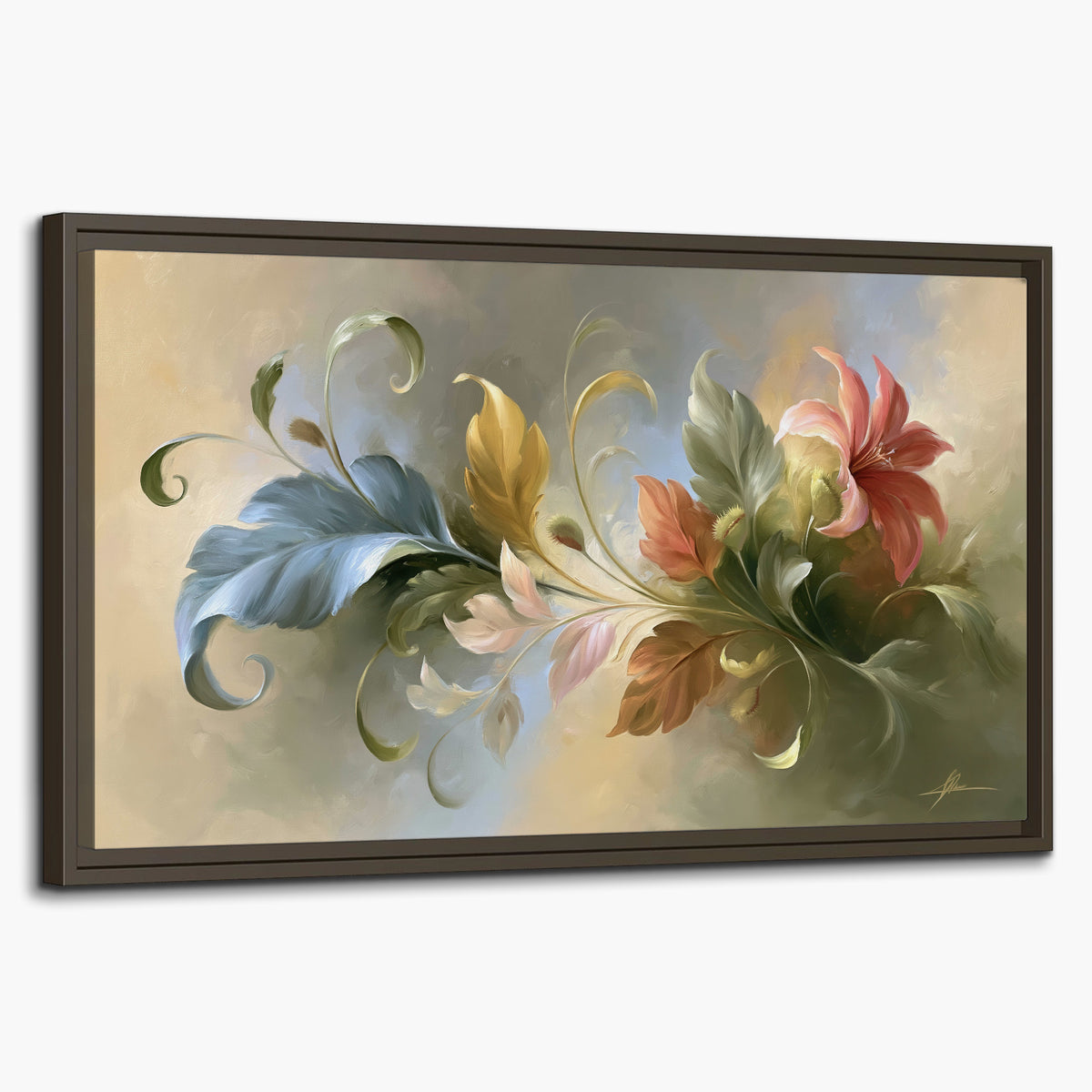 Curving blue, cream and warm red lily-like flowers on a softly shaded background single framed canvas wall art on a white background