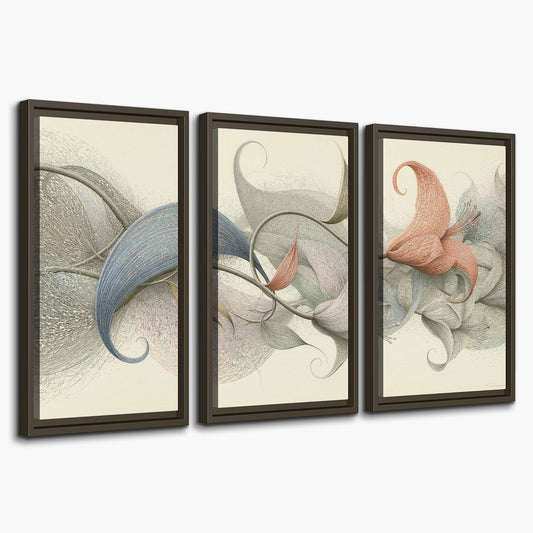 Soft gray, pink and green leaf-like forms joined by delicate flowing lines 3 piece framed canvas wall art on a white background