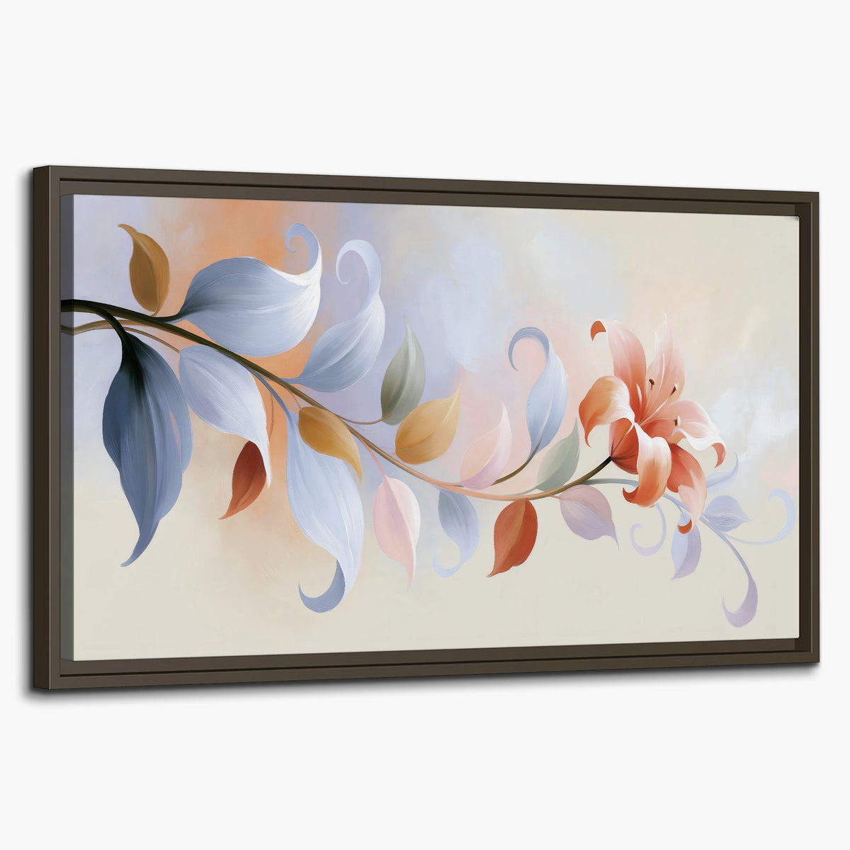 Peach blossoms and blue-green leaves in an airy cream-colored composition single framed canvas wall art on a white background