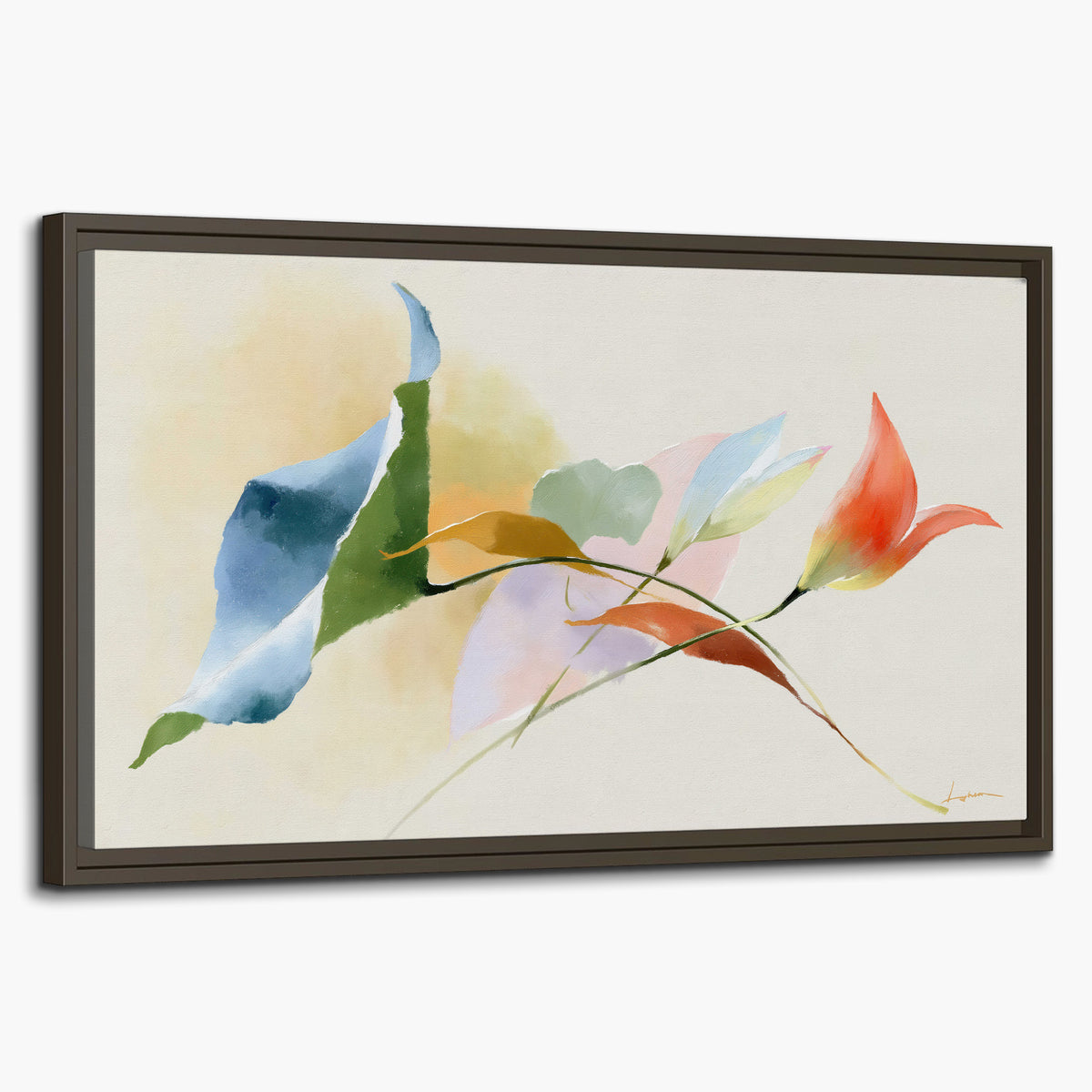 Airy green, orange and blue organic shapes floating across a white background single framed canvas wall art on a white background