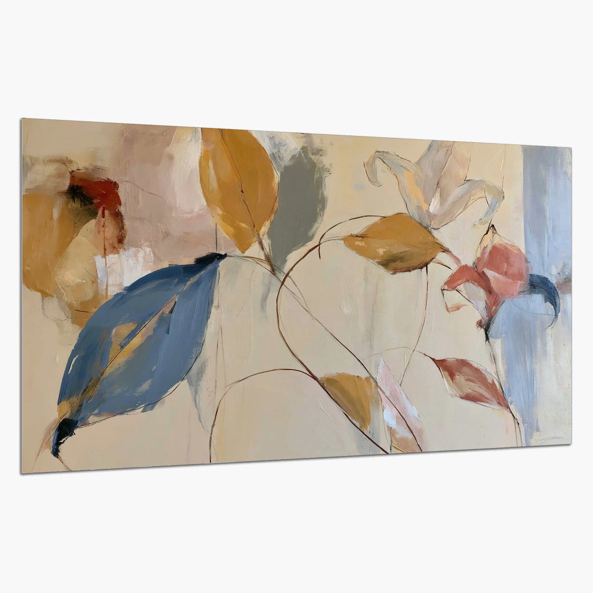 Loose ochre, blue and pink leaves arranged on a pale layered background single poster print on a white background