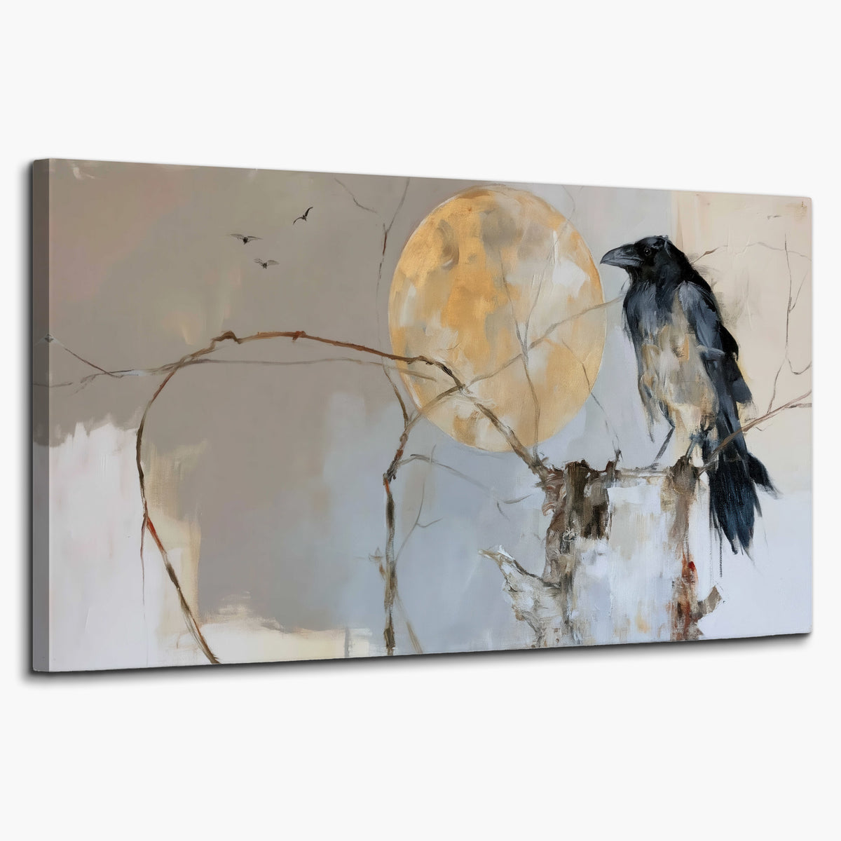 A dark raven beside a golden moon amid pale blue and cream painterly strokes single canvas wall art on a white background