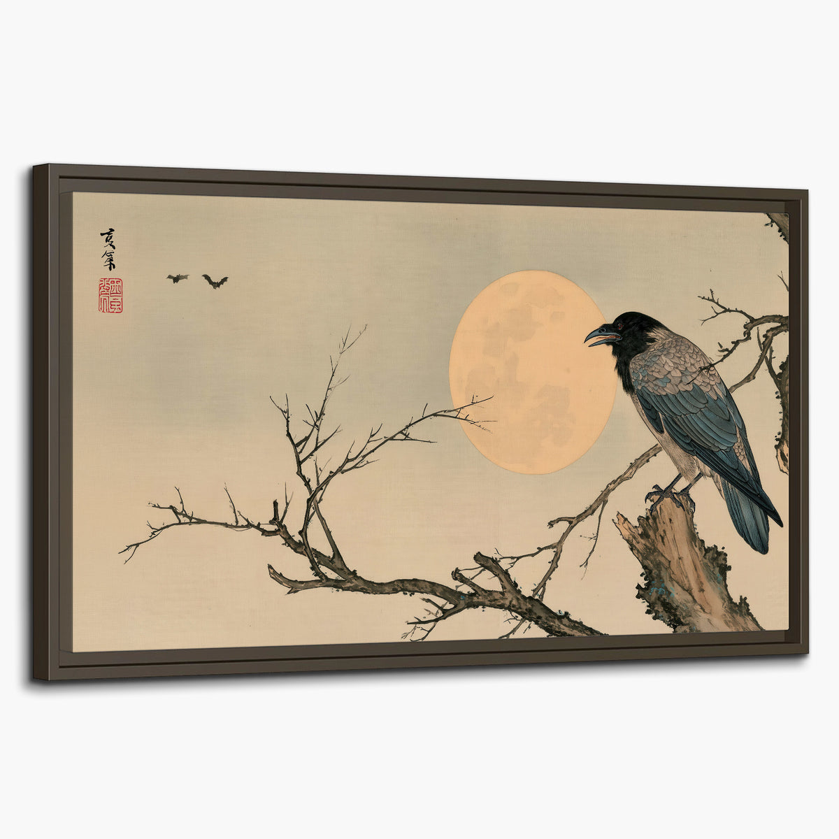 A dark raven perched on a bare branch beside a warm full moon single framed canvas wall art on a white background