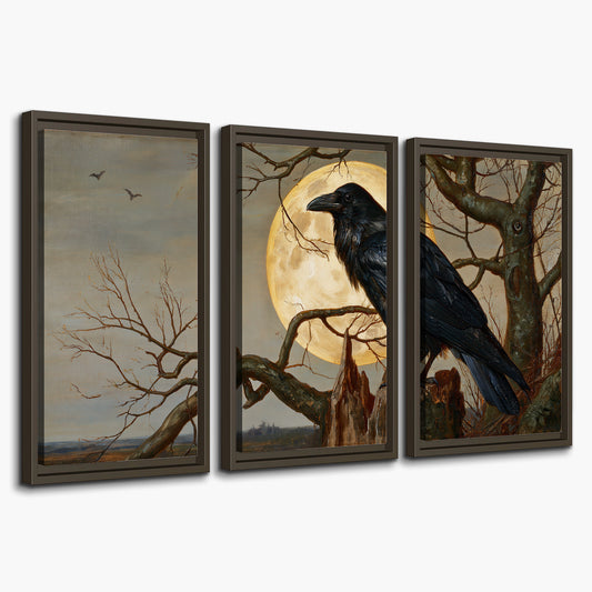 A dark raven perched on a branch beneath a warm moon in a shadowed woodland 3 piece framed canvas wall art on a white background