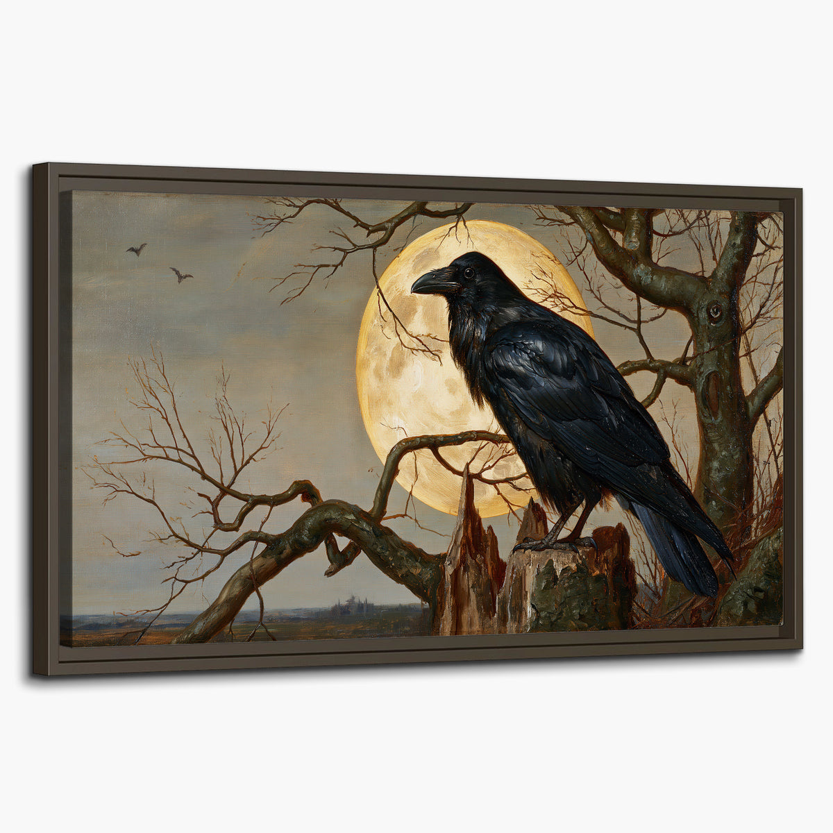 A dark raven perched on a branch beneath a warm moon in a shadowed woodland single framed canvas wall art on a white background