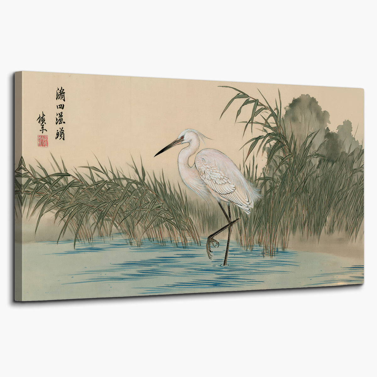 A white heron standing beside a quiet river with reeds and distant hills single canvas wall art on a white background