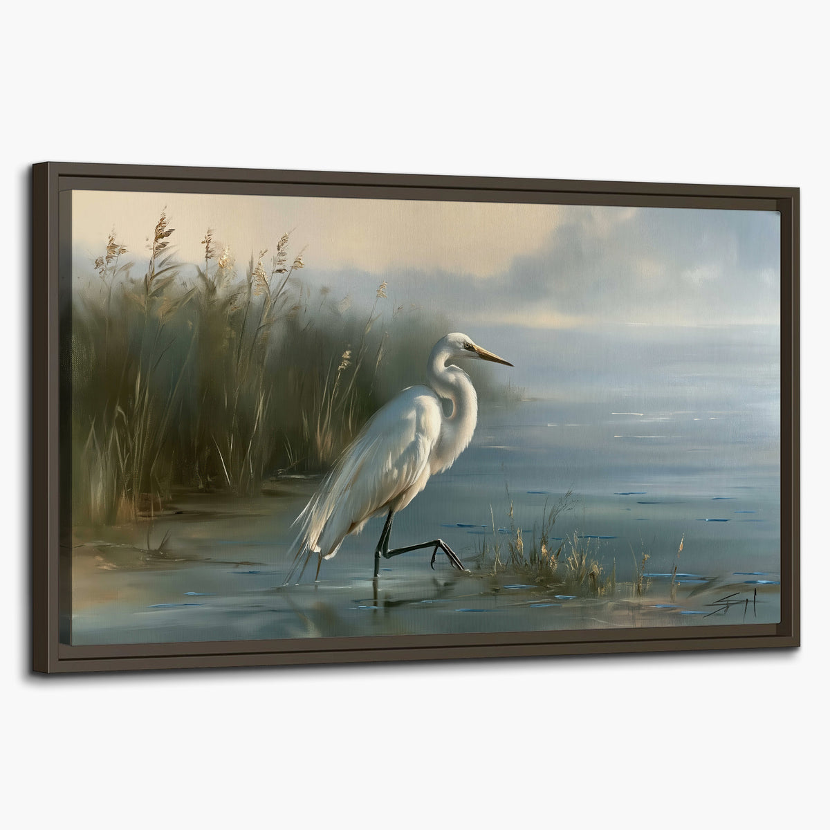 A white heron beside tall marsh grasses and still blue water single framed canvas wall art on a white background