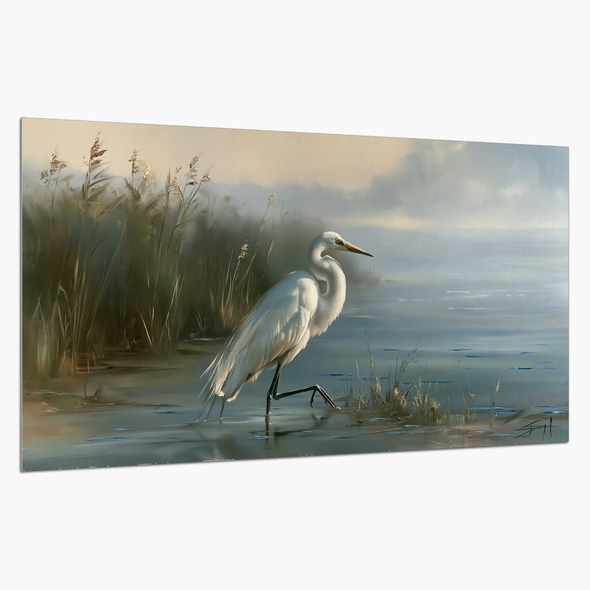 A white heron beside tall marsh grasses and still blue water single poster print on a white background