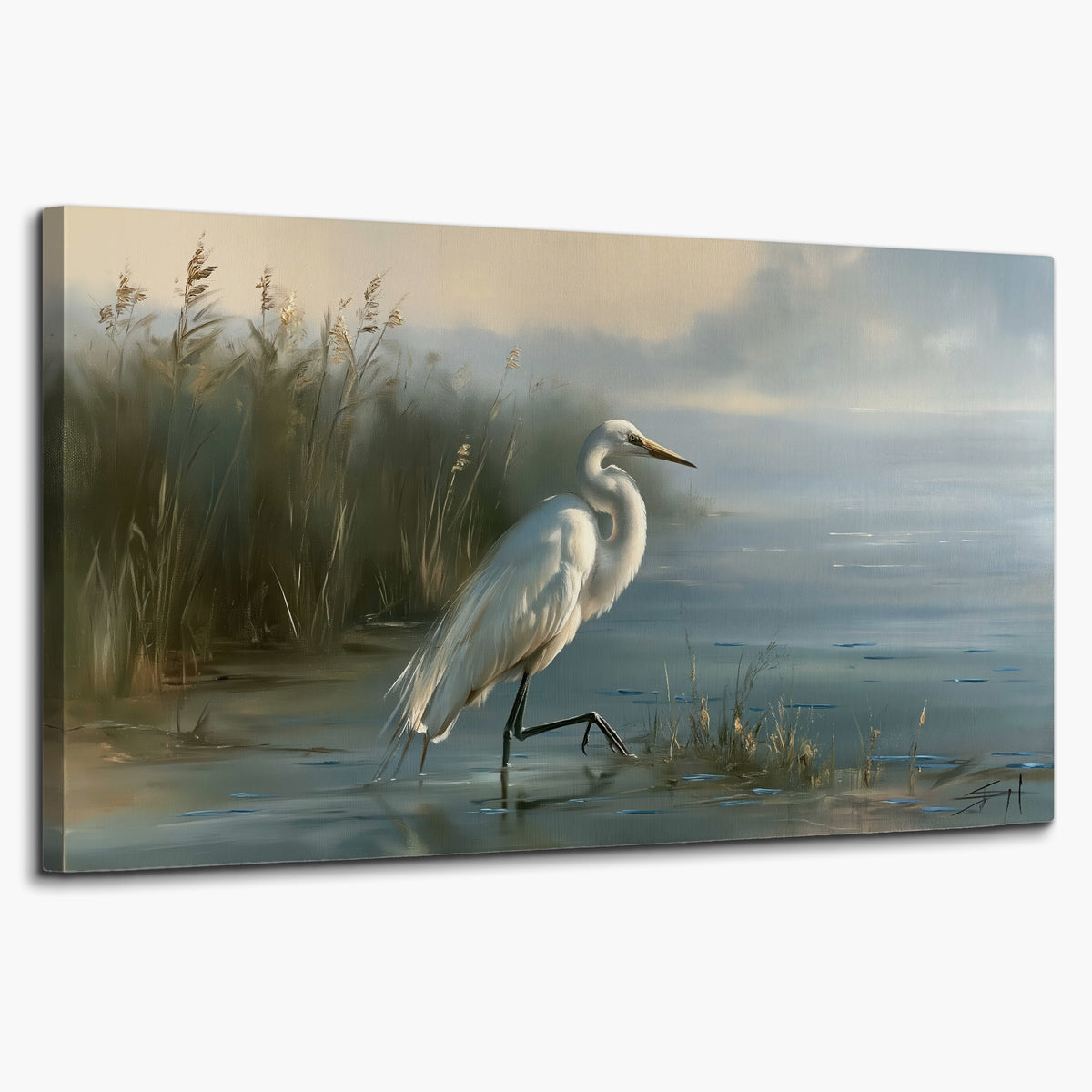 A white heron beside tall marsh grasses and still blue water single canvas wall art on a white background