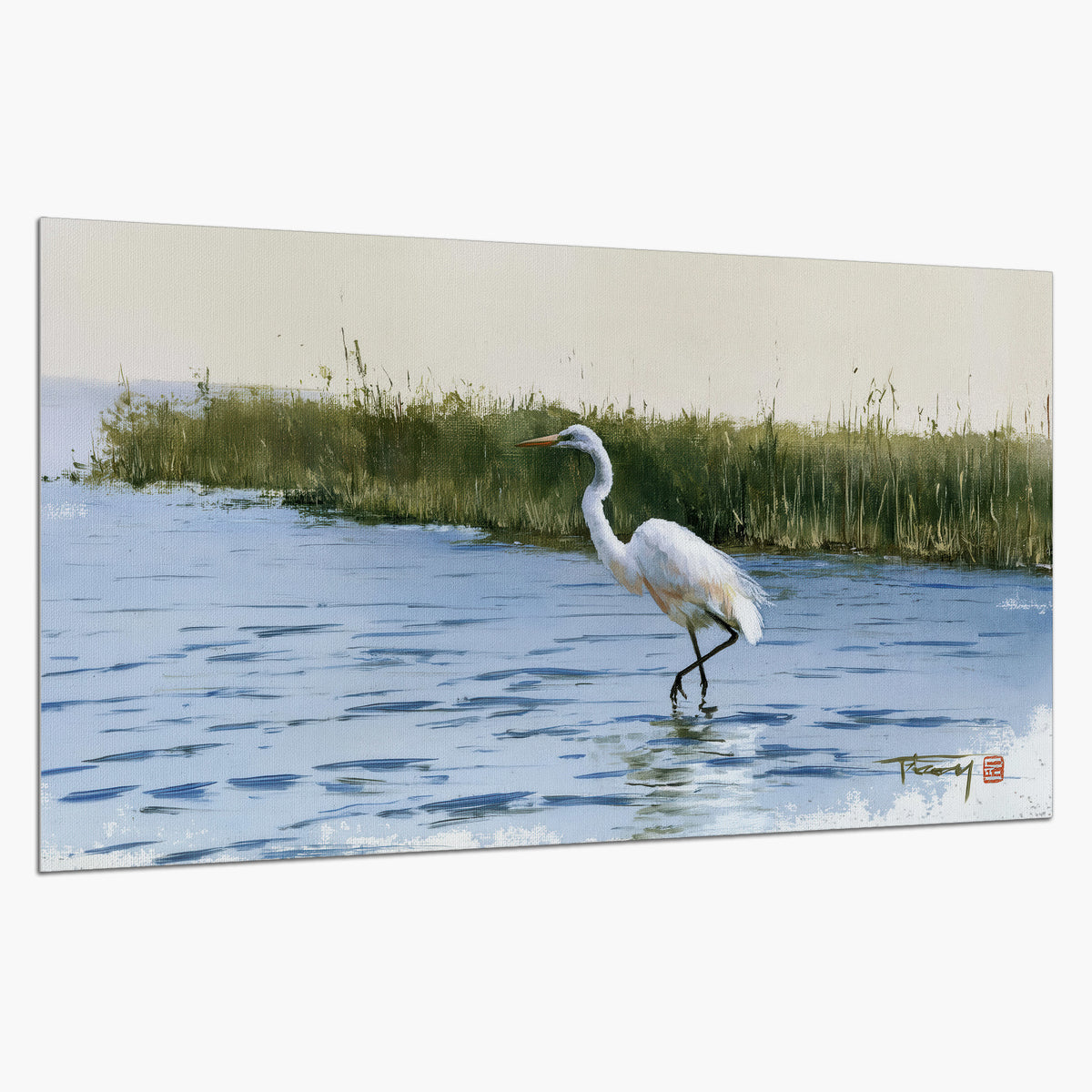 A white heron wading through bright blue water beside green reeds single poster print on a white background