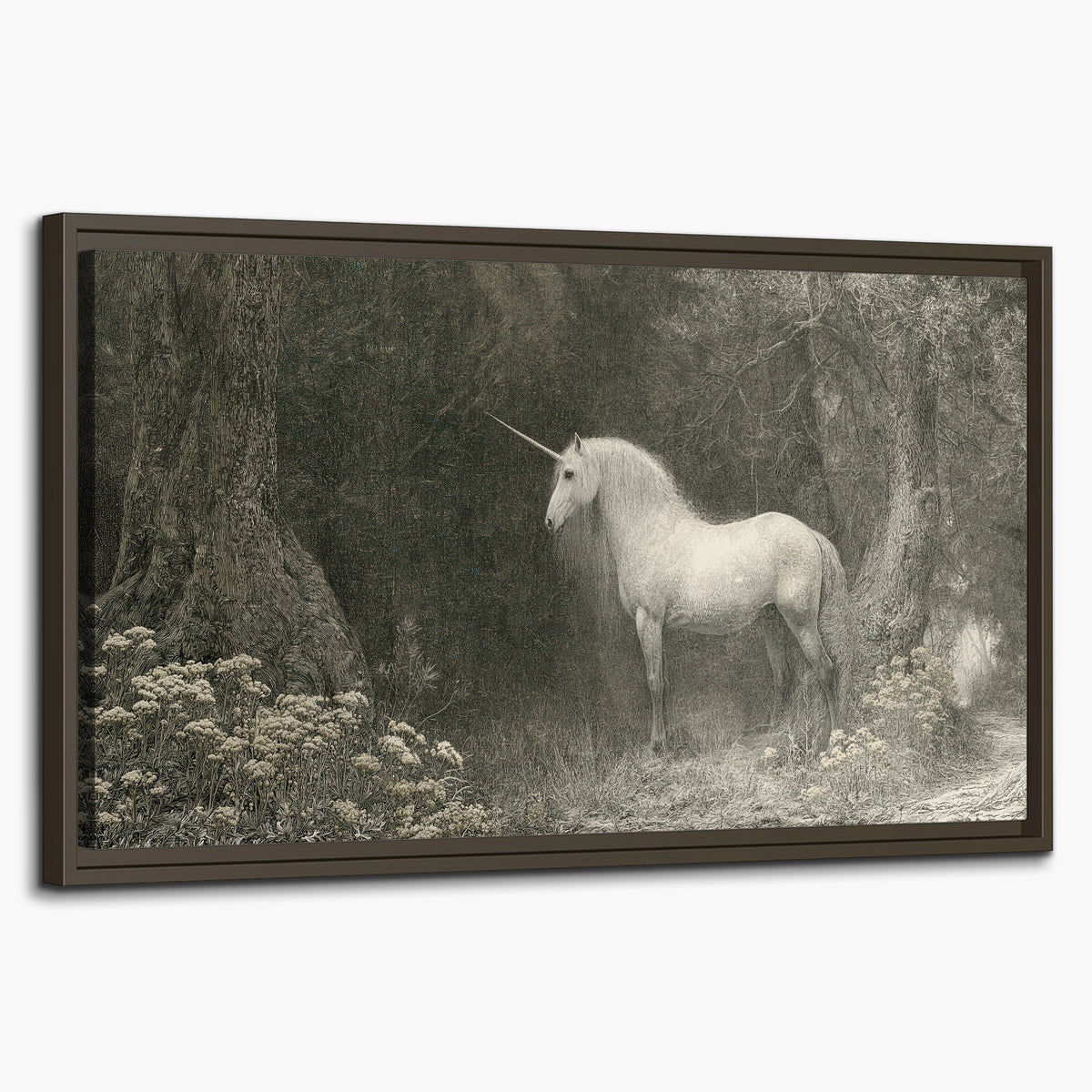A pale unicorn surrounded by fine gray woodland branches and soft mist single framed canvas wall art on a white background