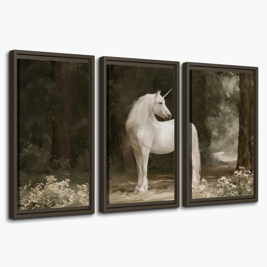 A white unicorn standing in a shadowed forest clearing among dark tree trunks 3 piece framed canvas wall art on a white background