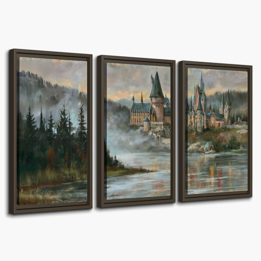 A storybook castle on a wooded riverbank beneath a cool misty sky 3 piece framed canvas wall art on a white background