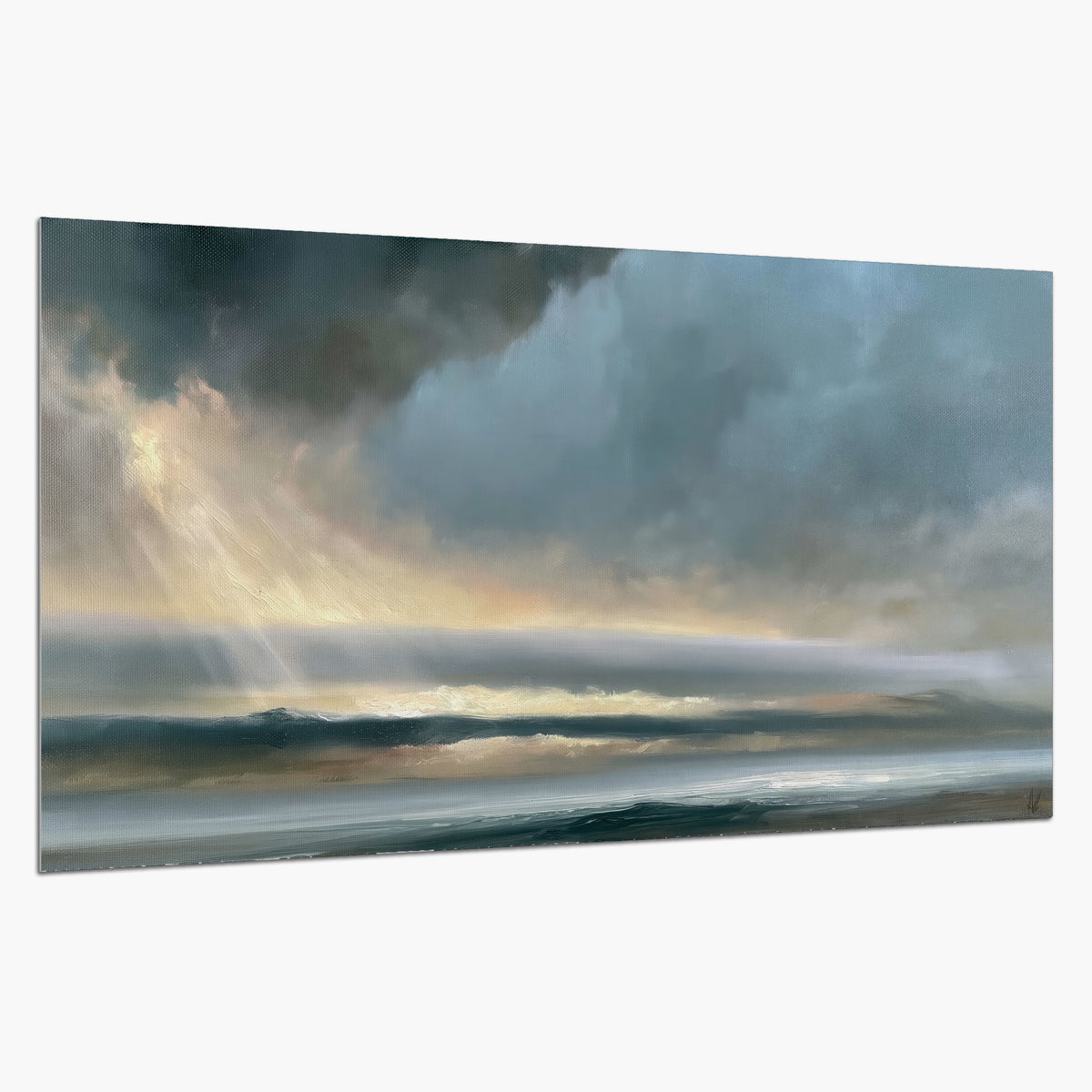 Dramatic blue-gray storm clouds breaking over a pale strip of ocean light single poster print on a white background